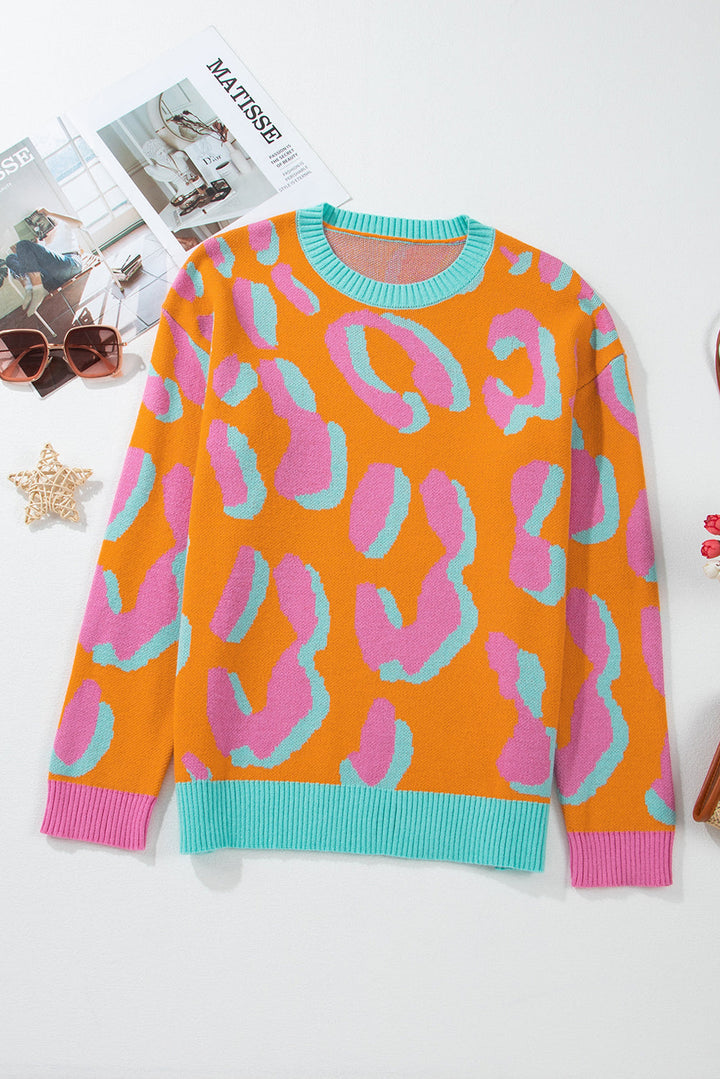 Ladies' Sweater With Colour Block Leopard Print And Round Neck - Liora