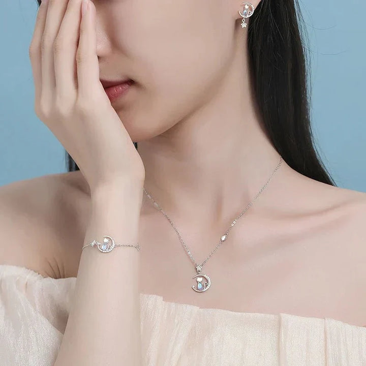 Sterling Silver Moon & Star Cat Earrings with Cubic Zirconia