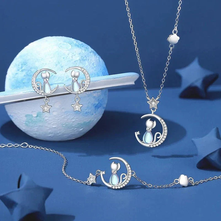 Sterling Silver Moon & Star Cat Earrings with Cubic Zirconia