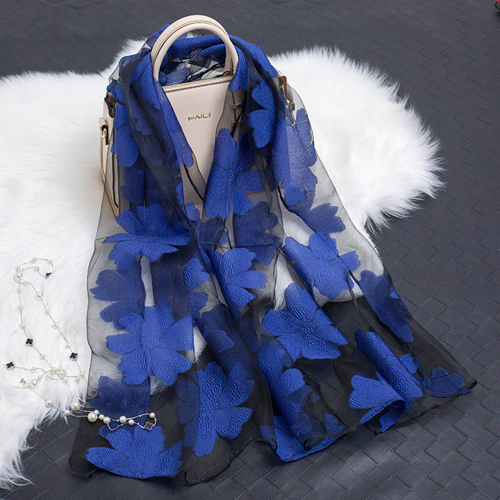 Silk Scarf with Cut Flower Pattern and Blank Motif