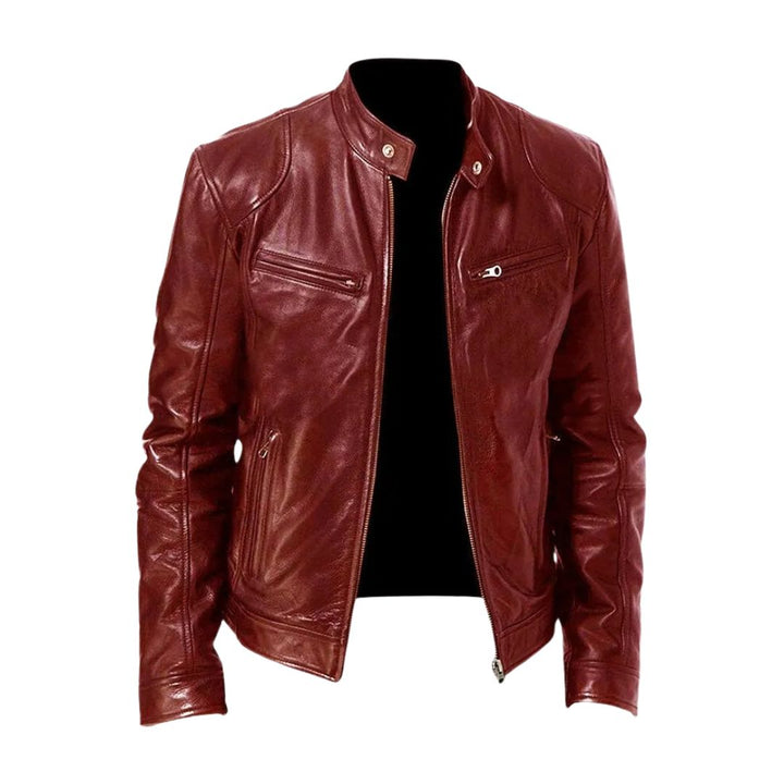 Men's Classic Leather Jacket with Stand Collar