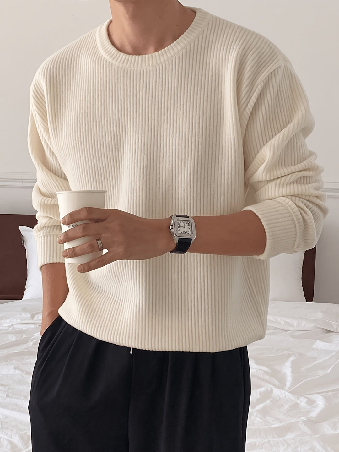Men's Rib Knit Crew-Neck Jumper with Relaxed Fit