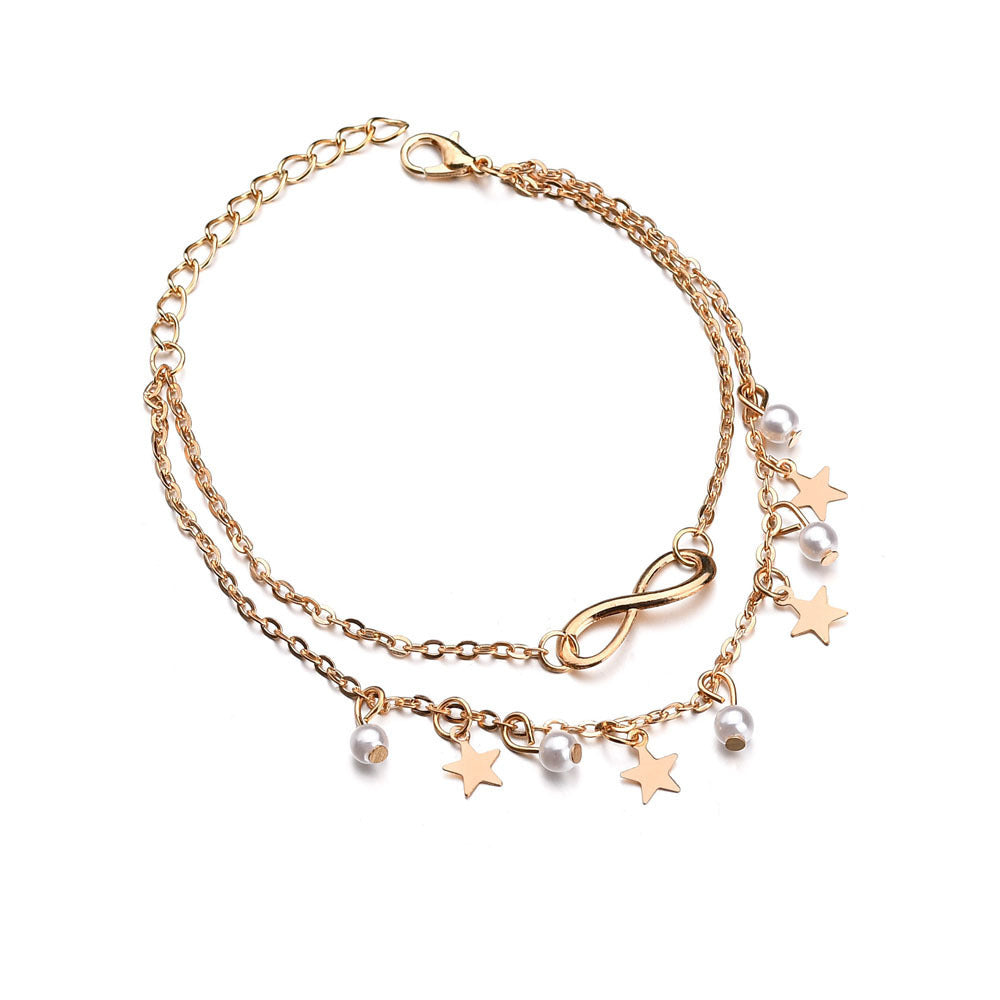 Endless pearl and stars anklet in silver