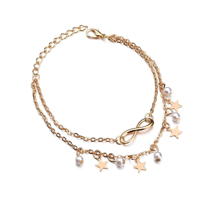 Endless pearl and stars anklet in silver