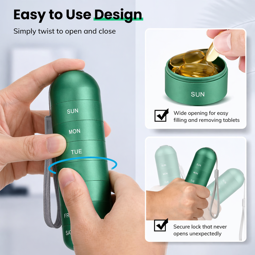 Aluminium pill box with 7 compartments | Compact, shock-resistant travel container