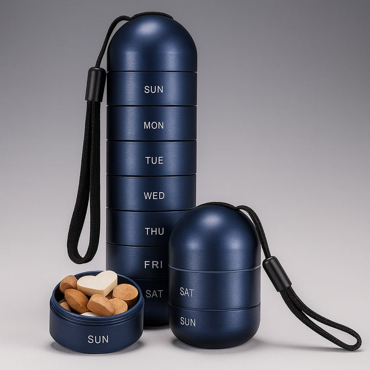 Aluminium pill box with 7 compartments | Compact, shock-resistant travel container
