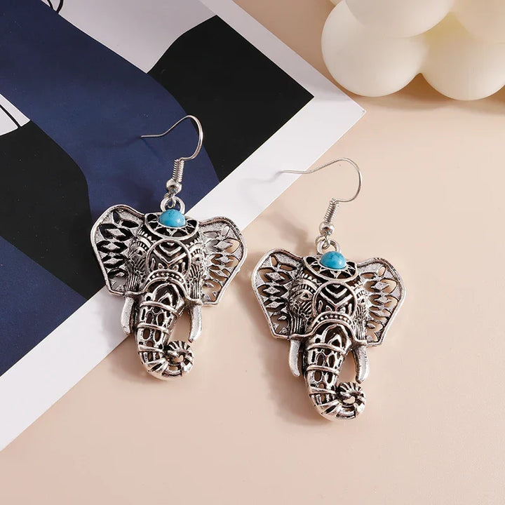 Vintage Elephant Dangle Earrings Silver Bohemian