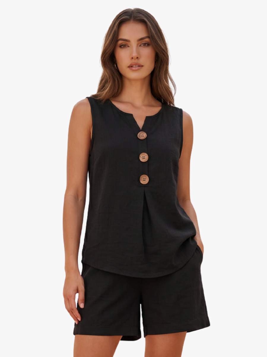 Women's Two-Piece Shorts Set with V-Neck Top and Elasticated Shorts