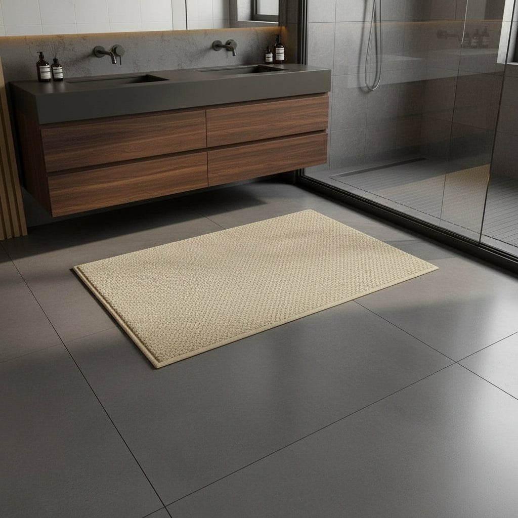 Absorbent Quick-Drying Bath Mat with Low Loop Pile and Bound Edge