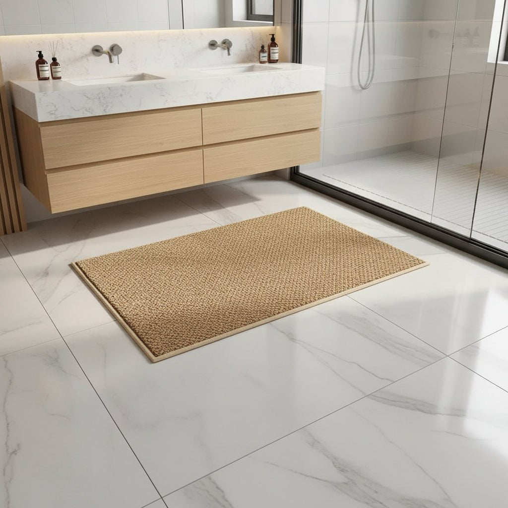 Absorbent Quick-Drying Bath Mat with Low Loop Pile and Bound Edge