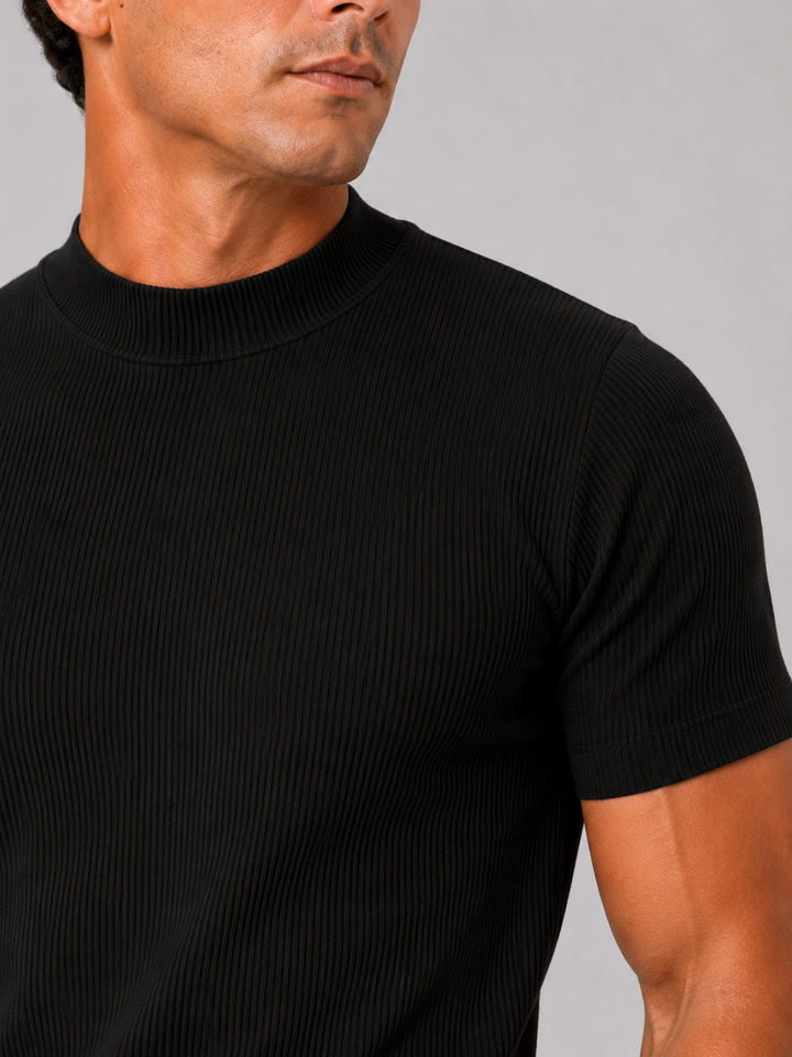 Men's ribbed T-shirt with stand-up collar – fitted stretch short-sleeved top