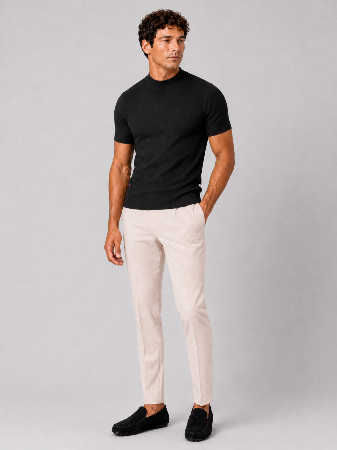 Men's Ribbed Stand-Collar T-Shirt – Fitted Stretch Short-Sleeve Top