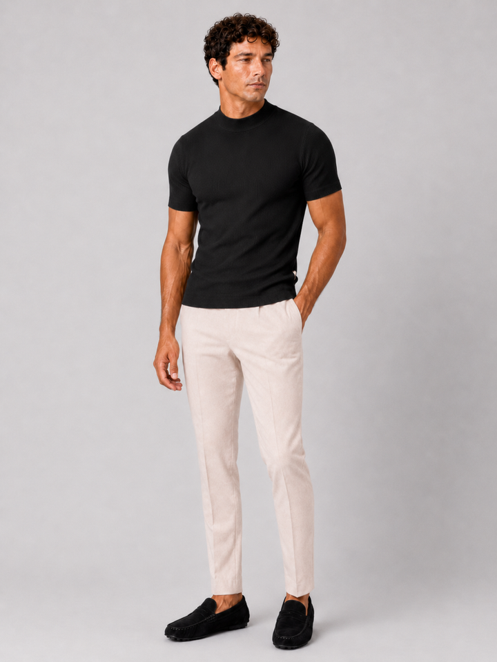 Men's Ribbed Stand-Collar T-Shirt – Fitted Stretch Short-Sleeve Top