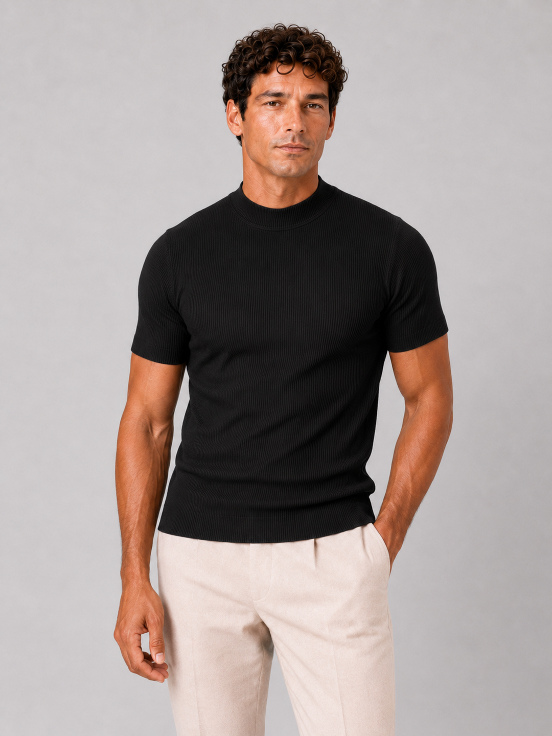 Men's Ribbed Stand-Collar T-Shirt – Fitted Stretch Short-Sleeve Top