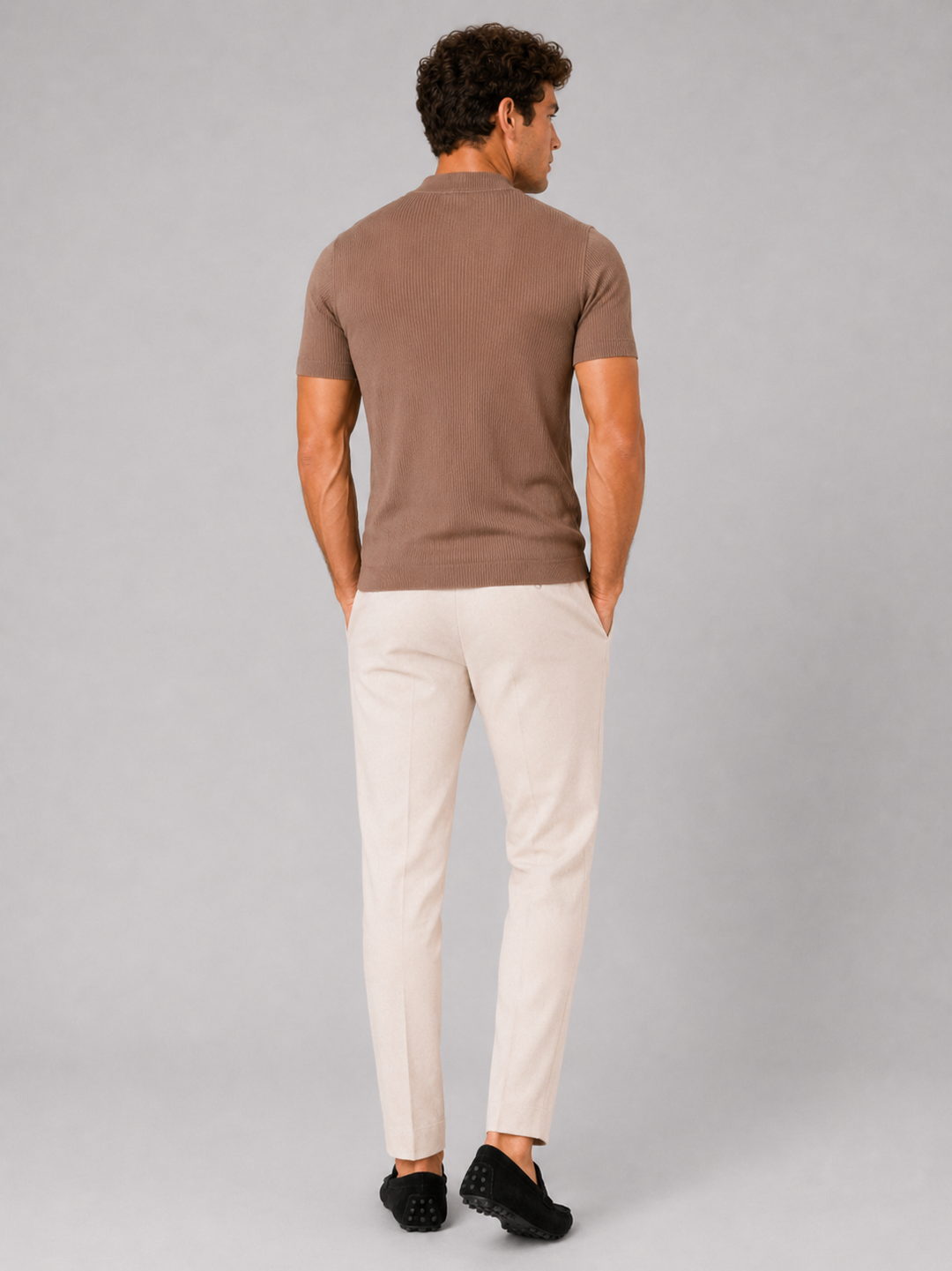 Men's ribbed T-shirt with stand-up collar – fitted stretch short-sleeved top