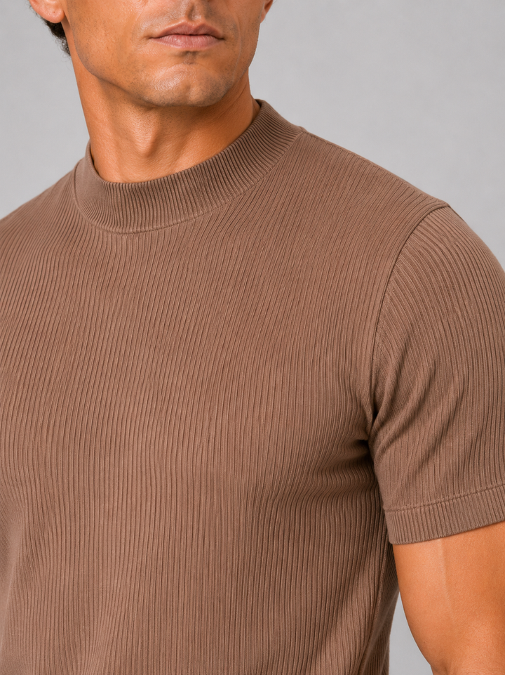Men's ribbed T-shirt with stand-up collar – fitted stretch short-sleeved top