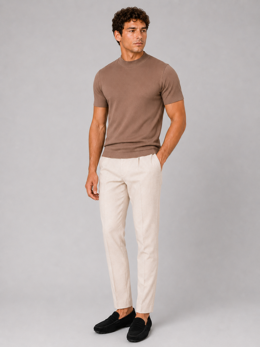 Men's ribbed T-shirt with stand-up collar – fitted stretch short-sleeved top