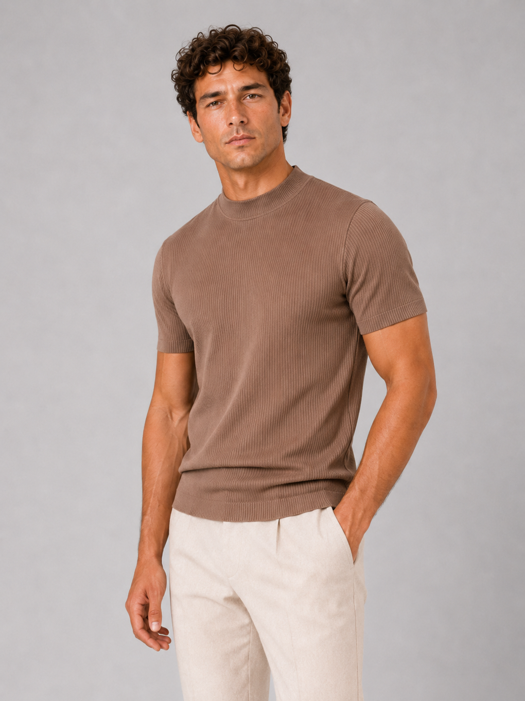 Men's Ribbed Stand-Collar T-Shirt – Fitted Stretch Short-Sleeve Top