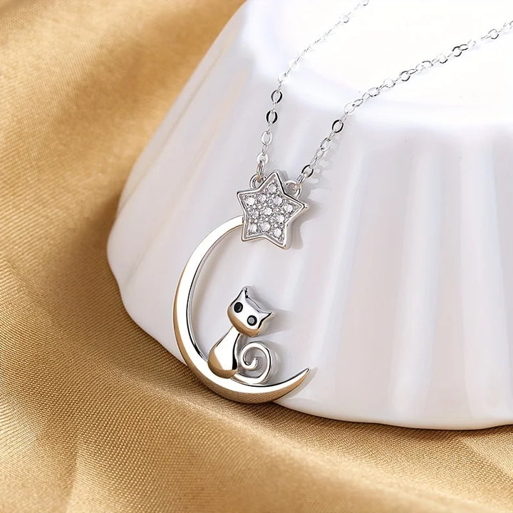 Sterling Silver Cat Moon Star Pendant