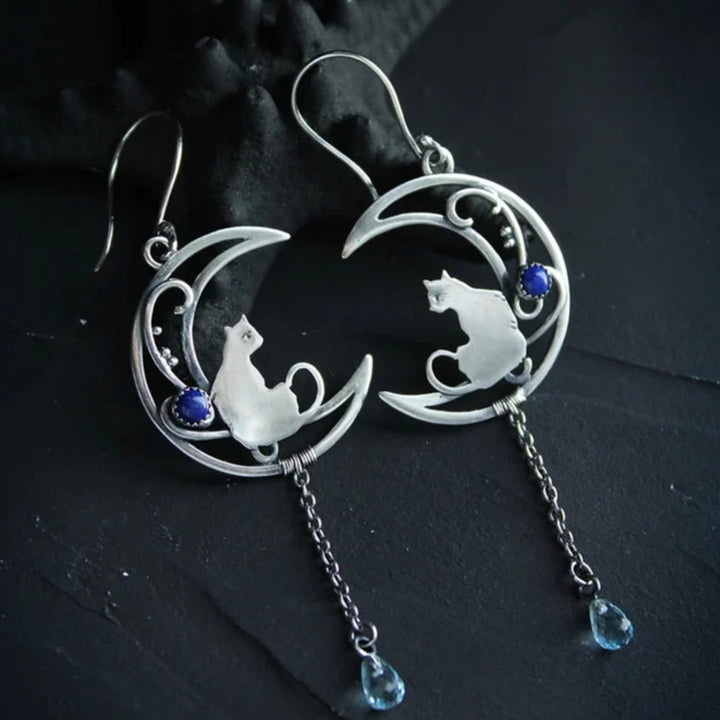 Blue Cubic Zirconia Cat Boho Earrings in Sterling Silver