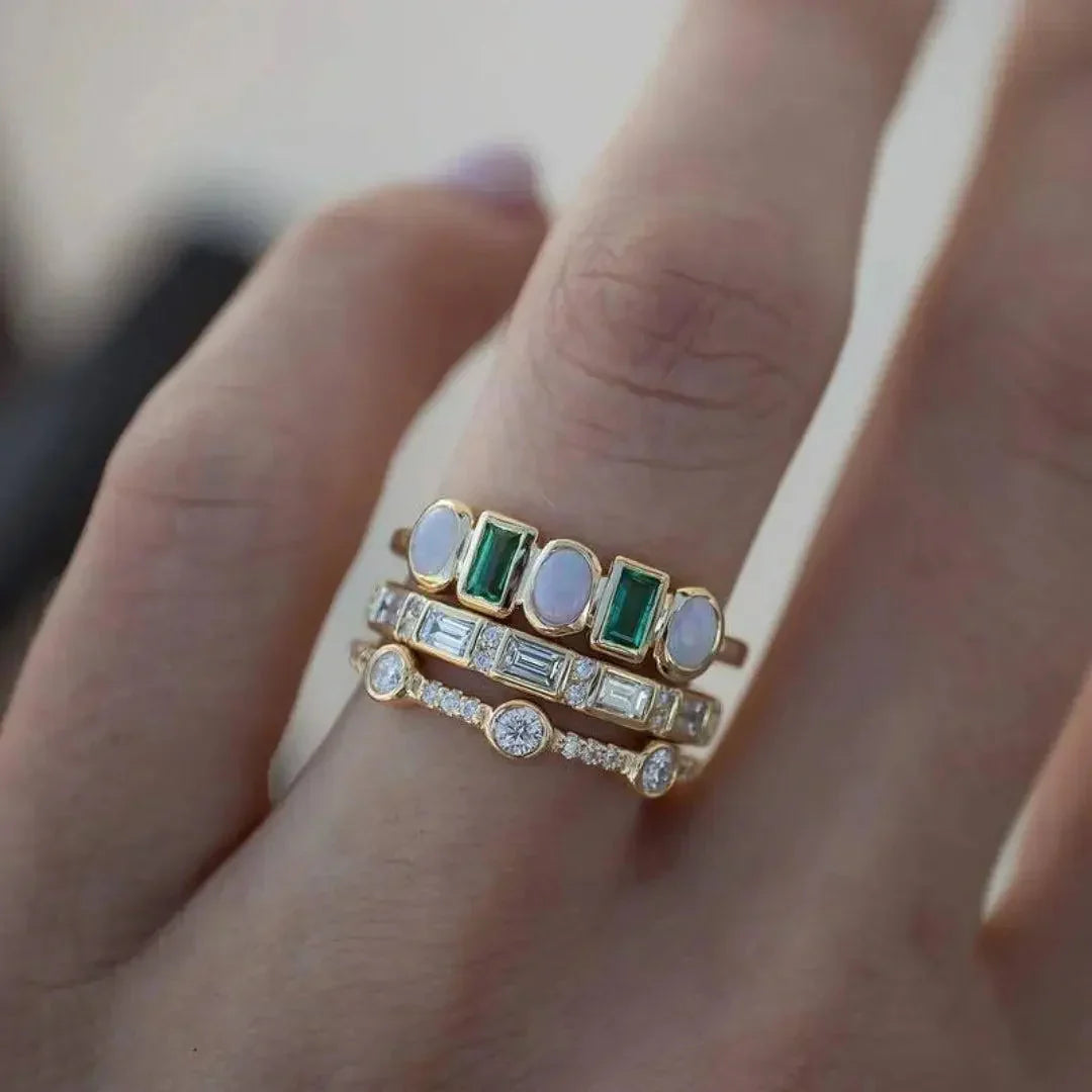 Elegant silver ring with white and green opal