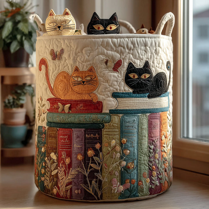 Quilted laundry basket with cat pattern, foldable fabric laundry basket with handles