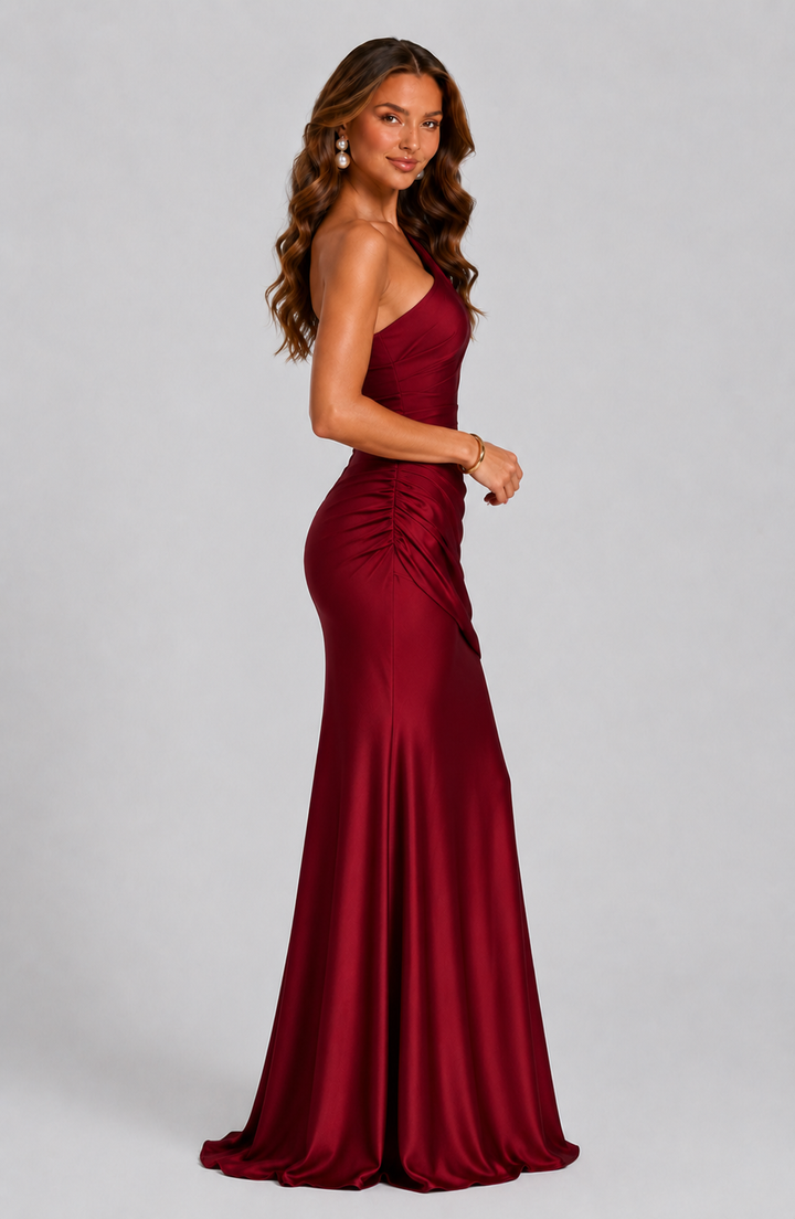 One-shoulder draped satin maxi dress