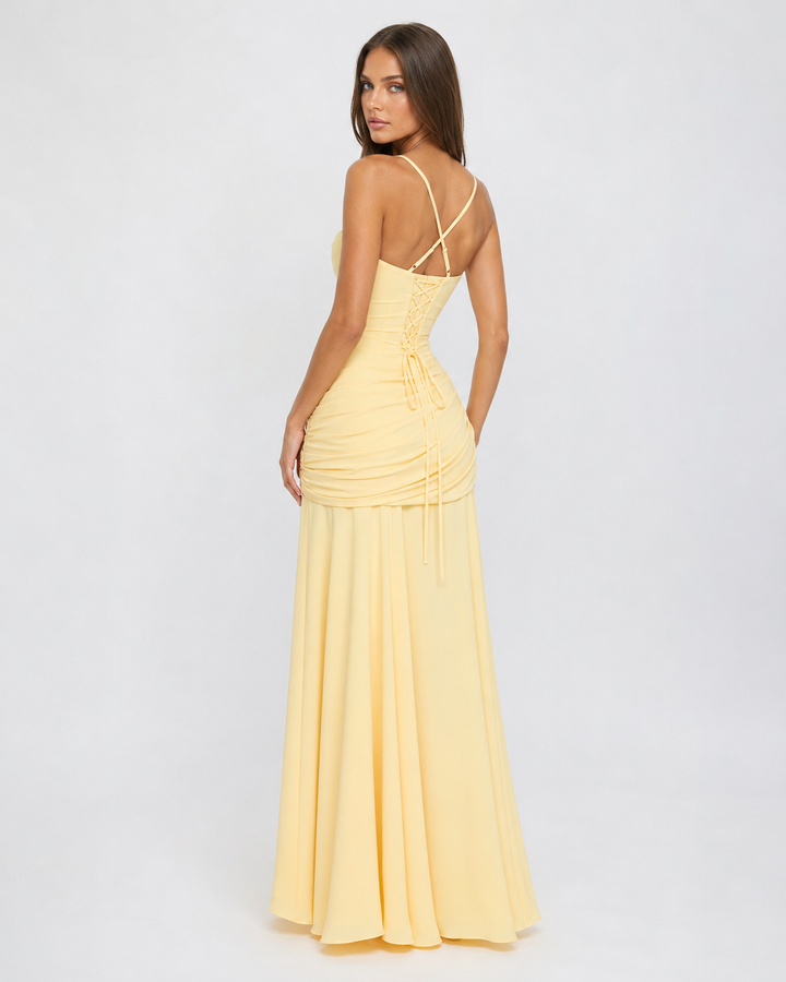 Flowing Chiffon Maxi Dress with Cowl Neck and Lace-Up Back