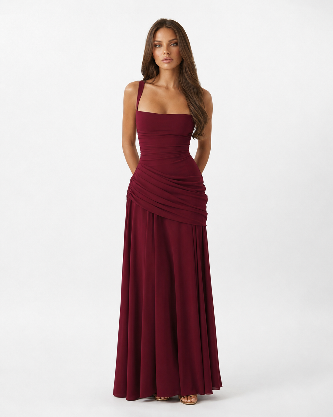 Flowing Chiffon Maxi Dress with Cowl Neck and Lace-Up Back