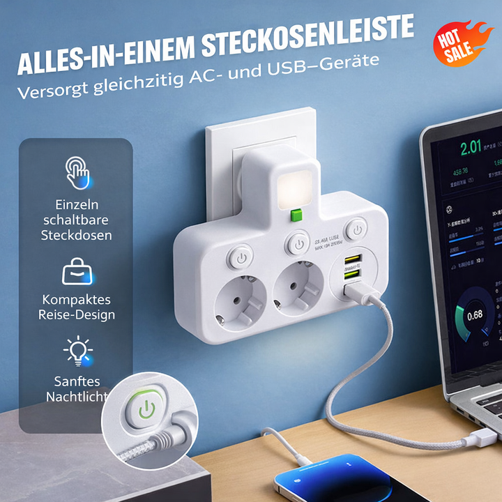 Extension Lead with USB and Switches | Multi-Socket Surge Protector 2500 W