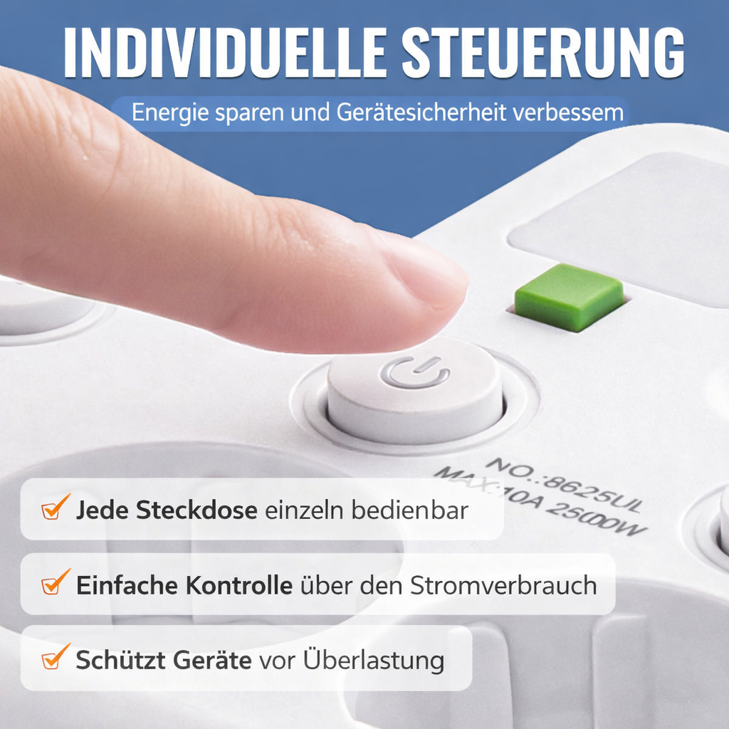 Extension Lead with USB and Switches | Multi-Socket Surge Protector 2500 W