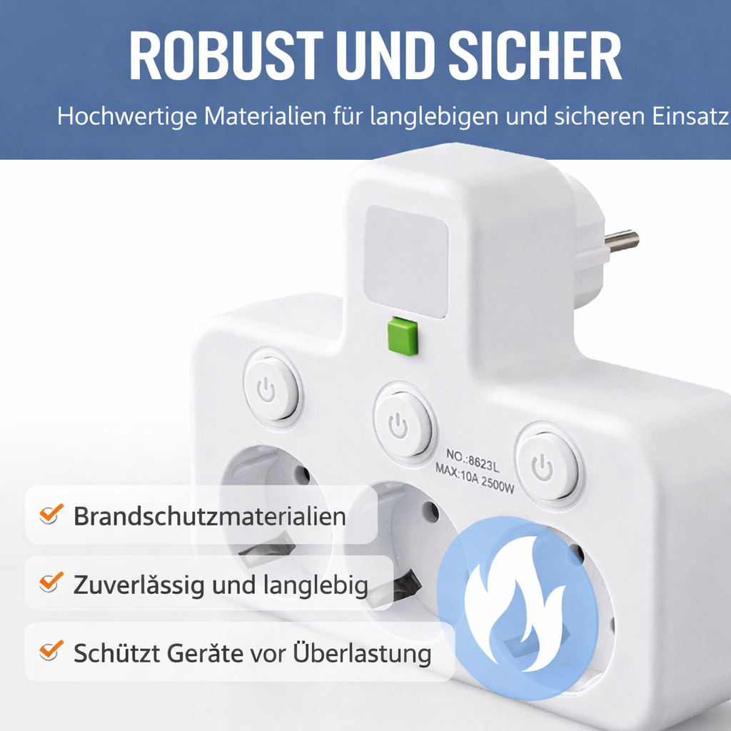 Extension Lead with USB and Switches | Multi-Socket Surge Protector 2500 W