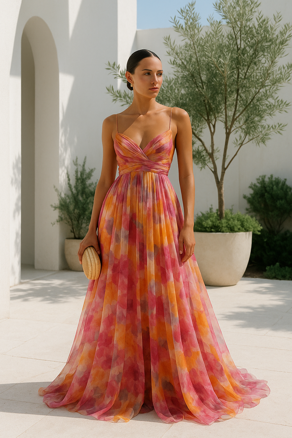 Women's Maxi Dress – Multicolour, Thin Straps, V-Neck, Fluid Silhouette