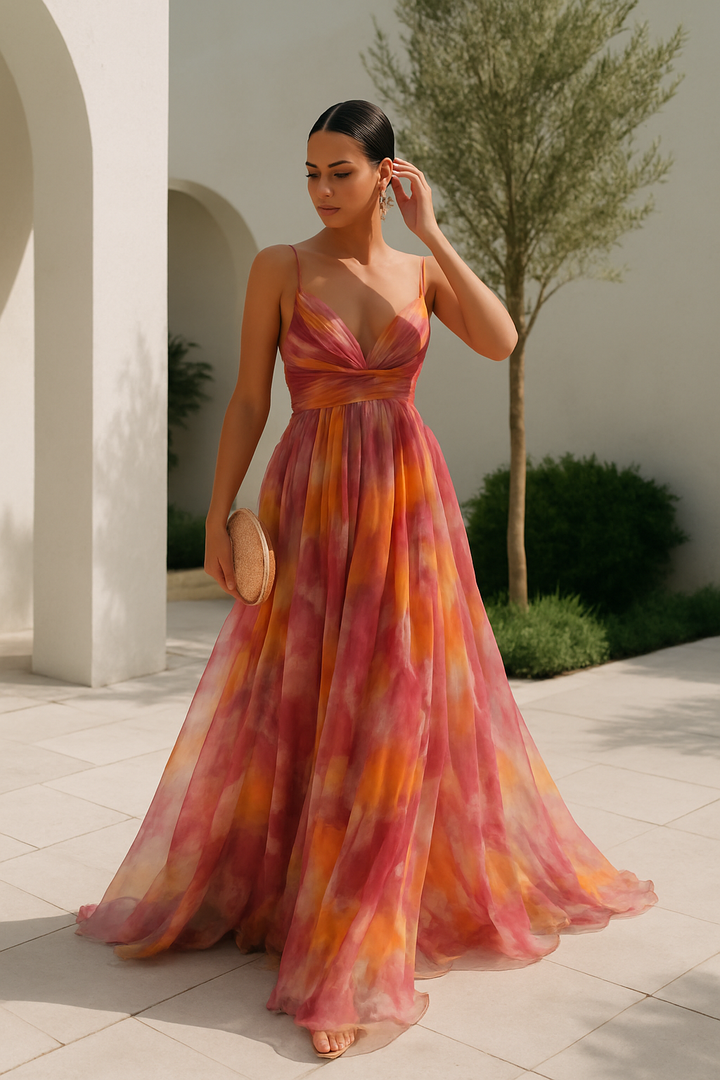 Women's Maxi Dress – Multicolour, Thin Straps, V-Neck, Fluid Silhouette