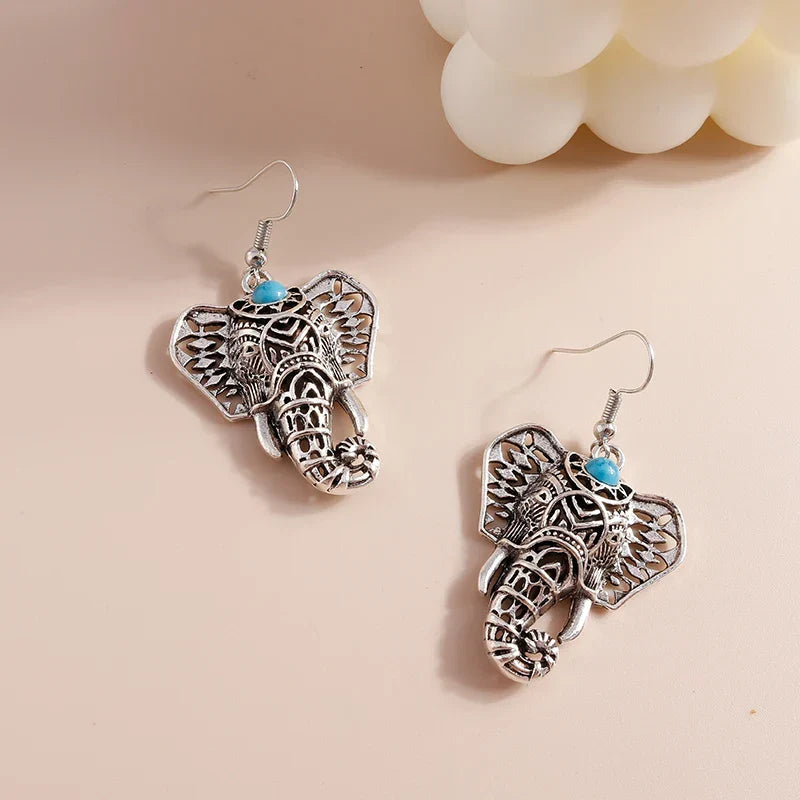 Vintage Elephant Dangle Earrings Silver Bohemian