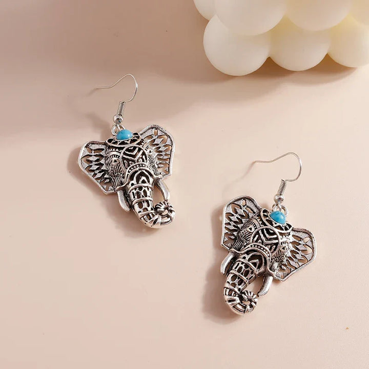 Vintage Elephant Dangle Earrings Silver Bohemian