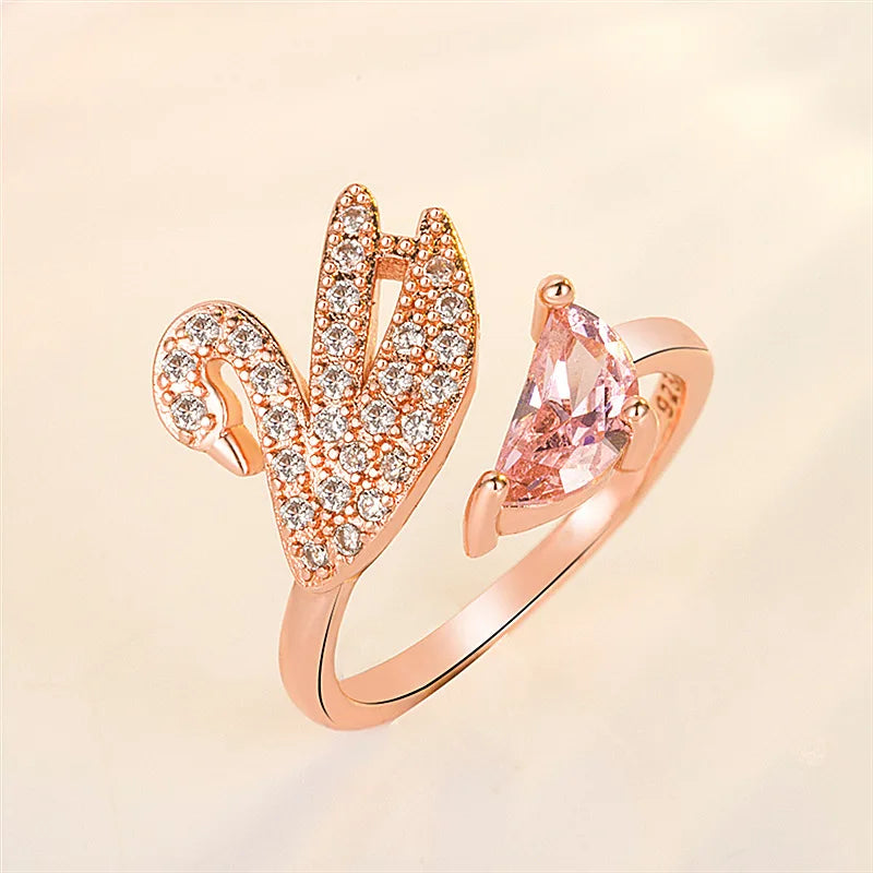 Swan Crystal Ring - Adjustable Rose Gold