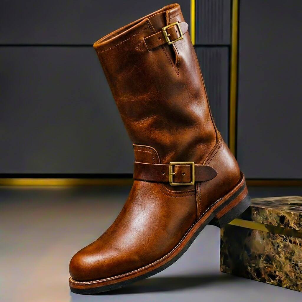 Men's Genuine Leather Engineer Boots with Buckle – Calf-High, for Autumn and Winter
