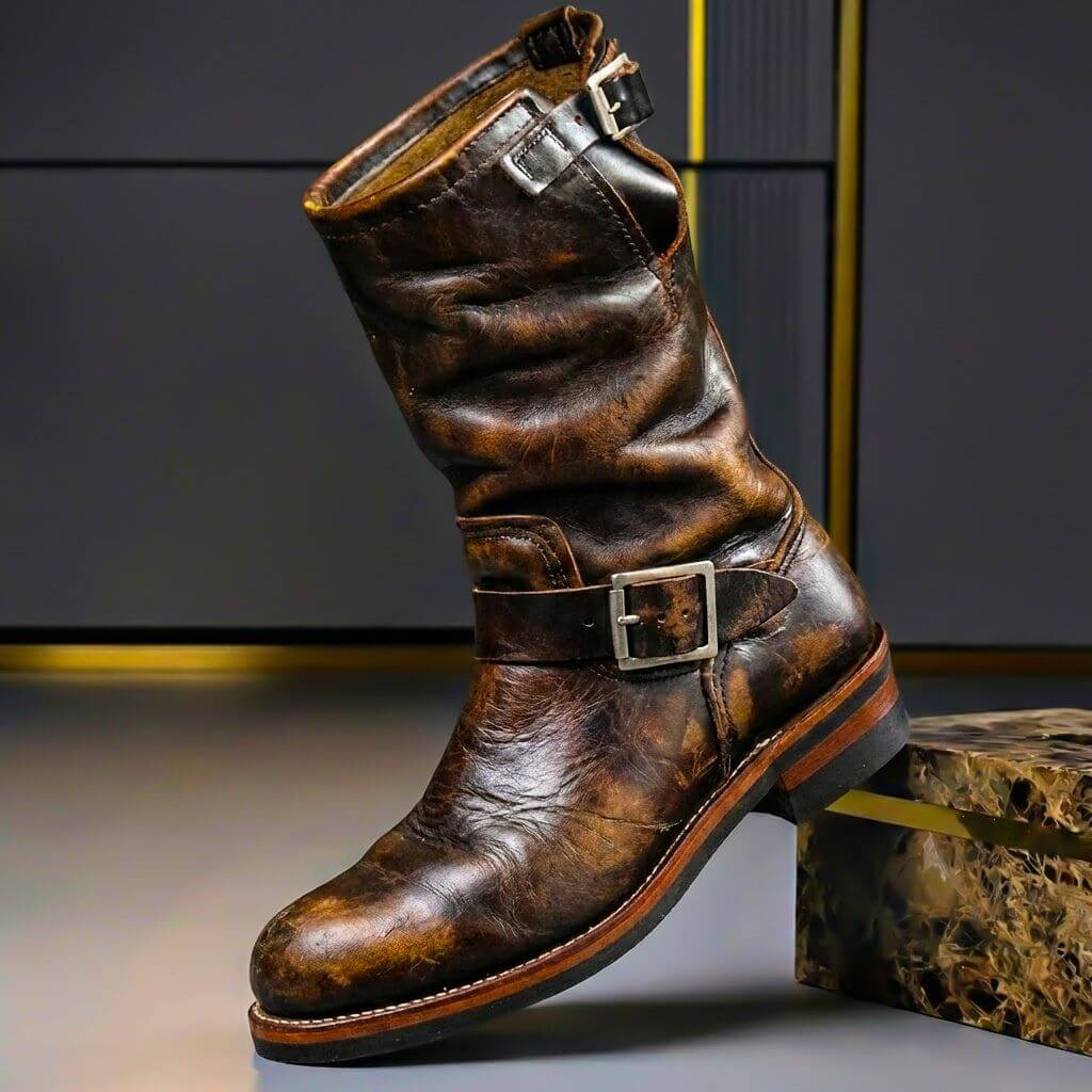 Men's Genuine Leather Engineer Boots with Buckle – Calf-High, for Autumn and Winter