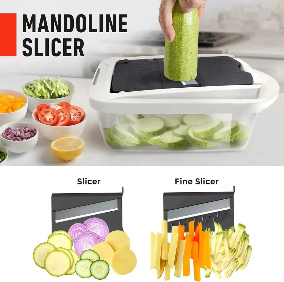 Vegetable Chopper | Dicing, Slicing and Grating | Collection Container & Safety Holder