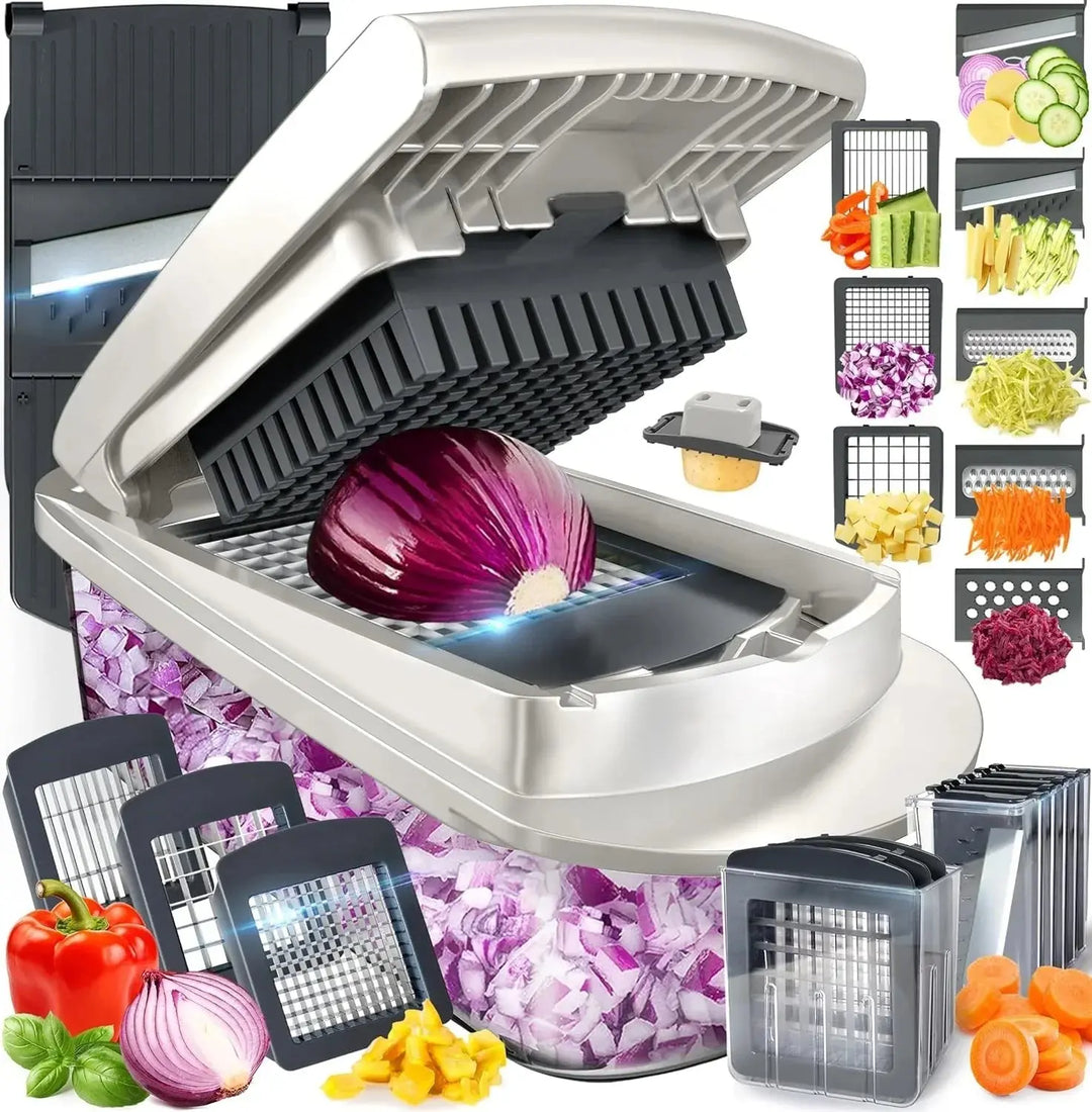 Vegetable Chopper | Dicing, Slicing and Grating | Collection Container & Safety Holder