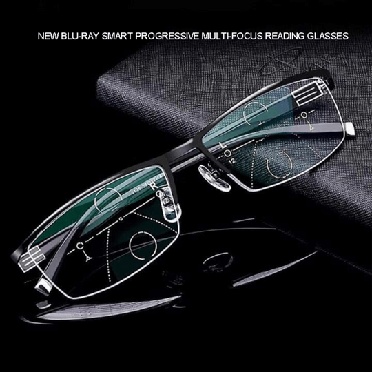 Progressive multifocal spectacles for near and distance vision with anti‑glare and UV protection
