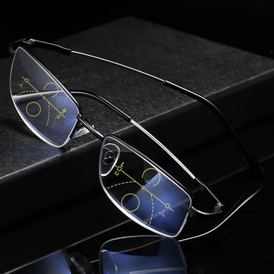 Progressive multifocal spectacles for near and distance vision with anti‑glare and UV protection