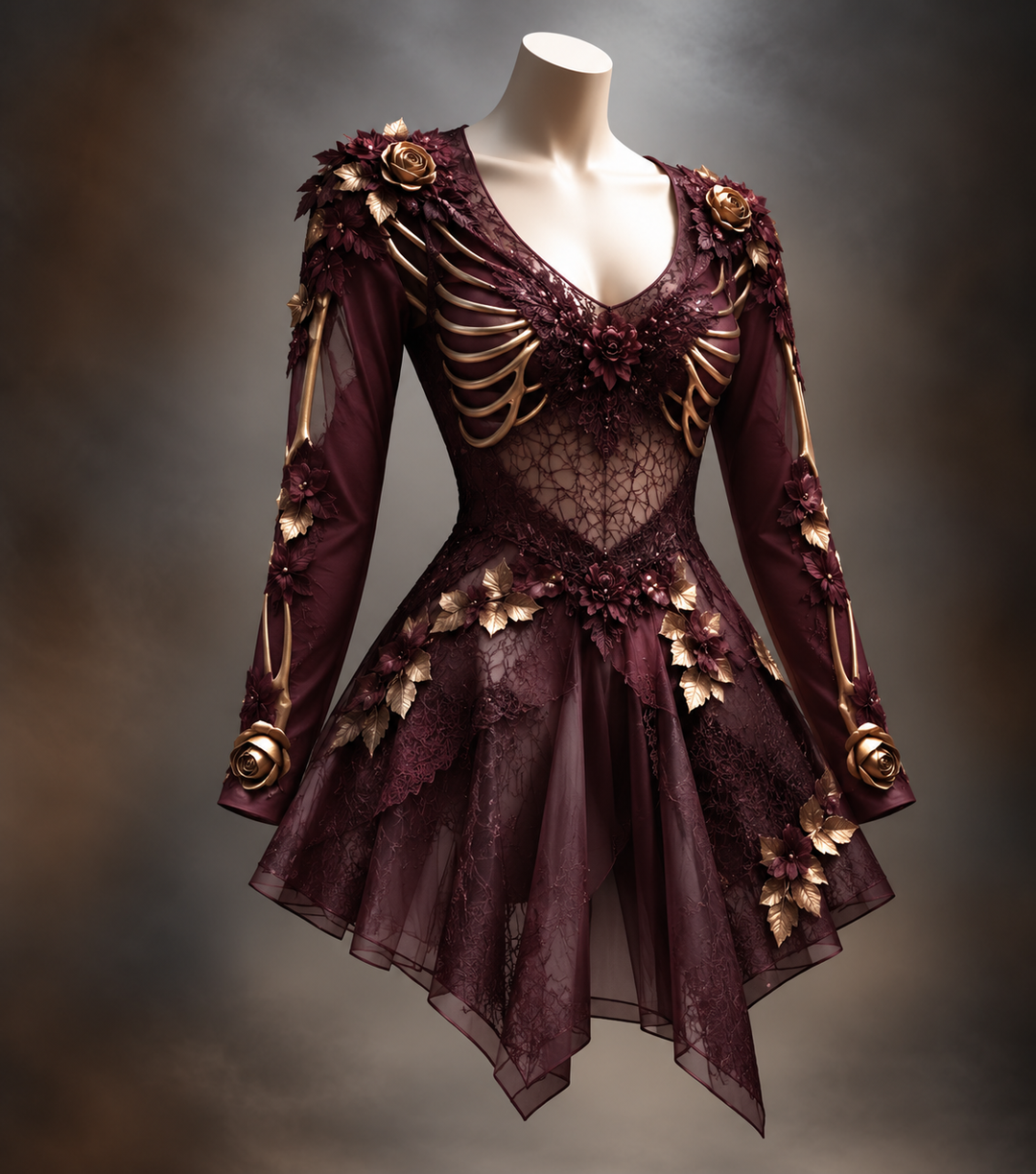 Women's Gothic Long-Sleeve V-Neck Mini Dress with Bone and Floral Detail