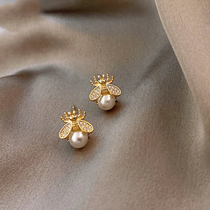 Honeybee Pearl Stud Earrings – Elegant Gold Jewellery for Women
