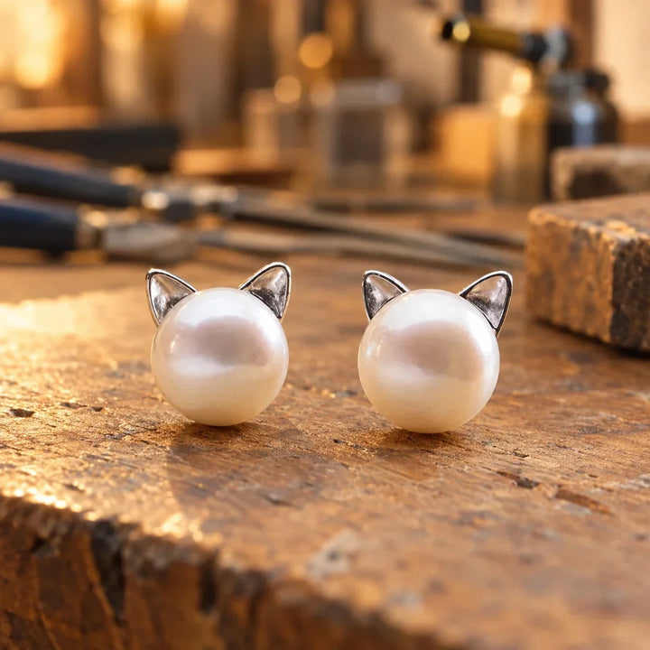 Cat pearl stud earrings in sterling silver
