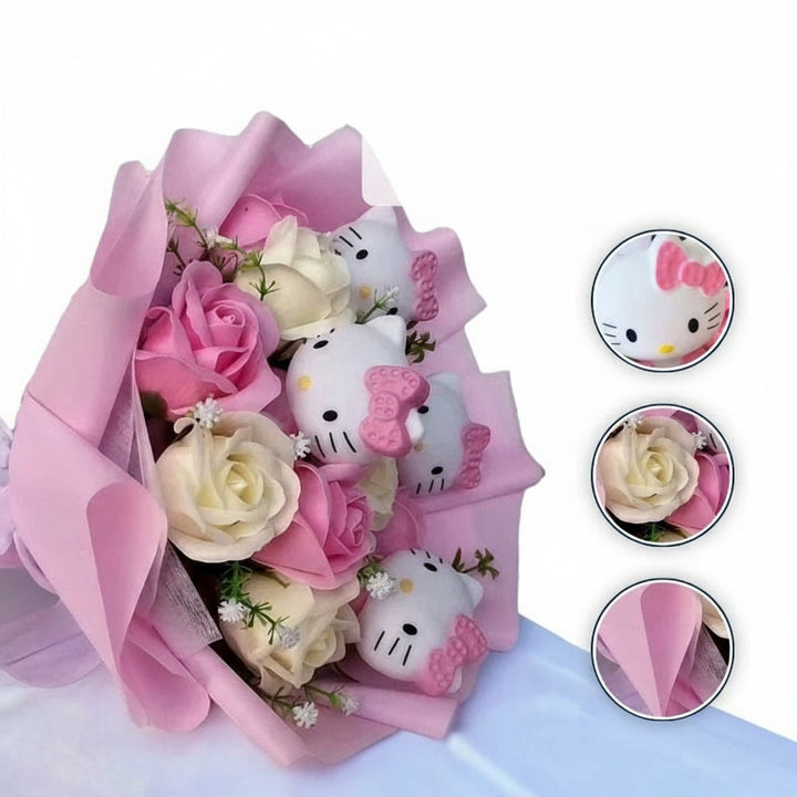 Colourful Synthetic Flower Bouquet With Kitty Figurines For Gifts And Decoration
