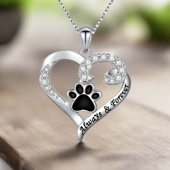 Dog Paw Necklace – Heart Design in Stainless Steel with Cubic Zirconia