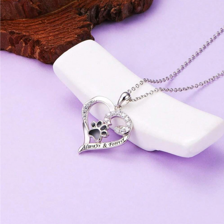 Dog Paw Necklace – Heart Design in Stainless Steel with Cubic Zirconia