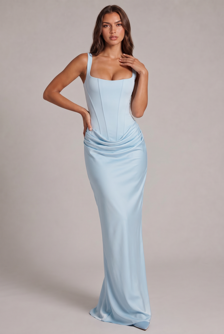 Maxi dress with structured corset bodice and square neckline